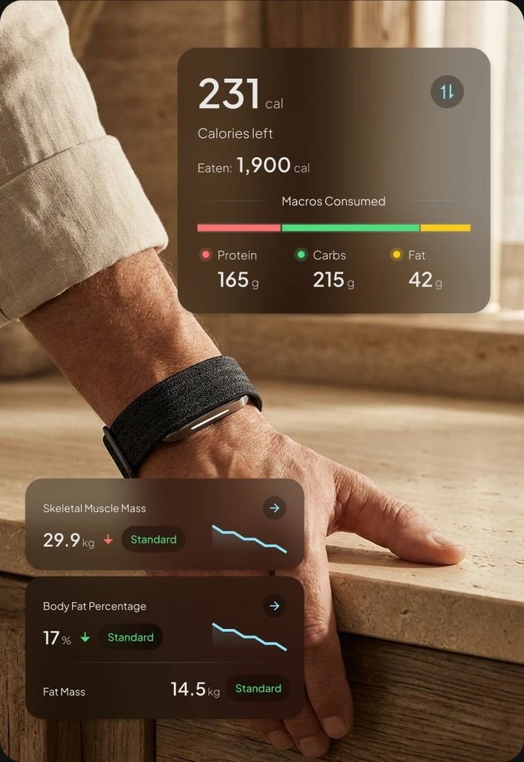 Human Band on the wrist with the companion app open, showing nutrition data
